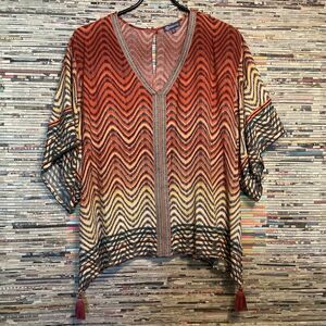 Democracy Pullover Deep V Blouse Womens 1X Multicolor Pullover Flare Sleeve